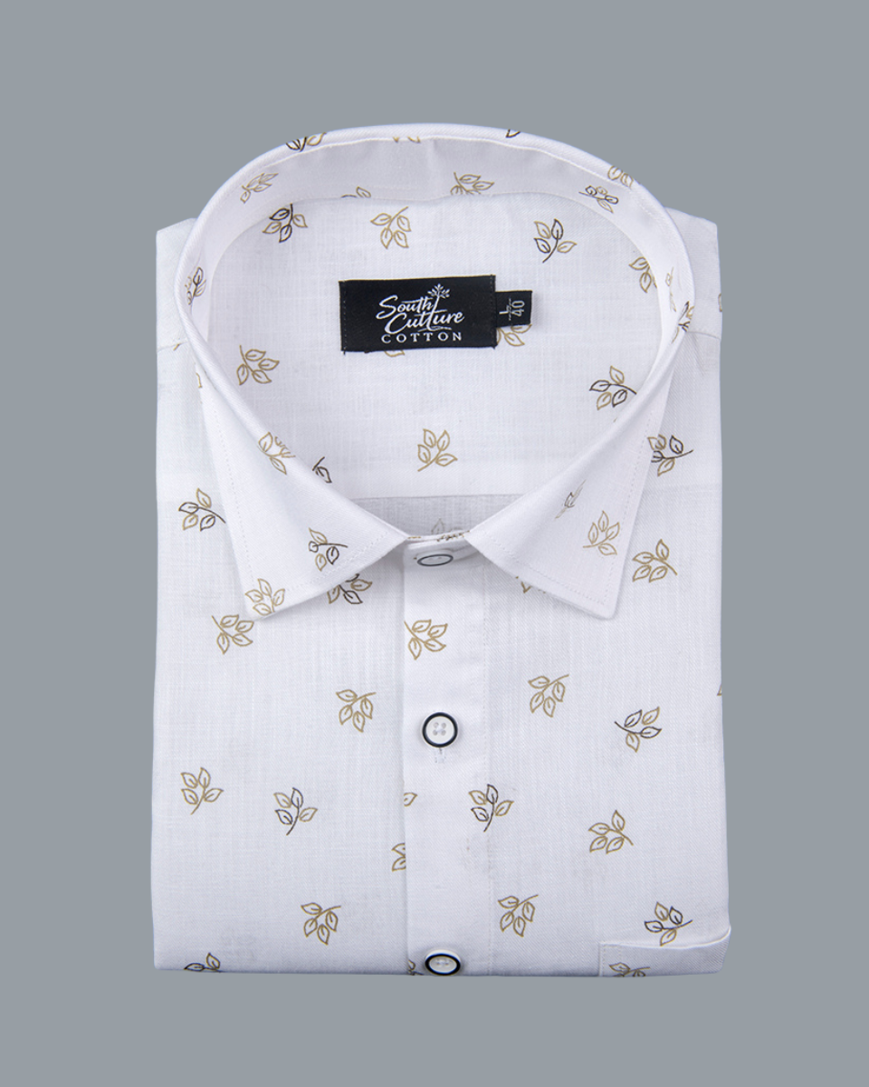 White Cotton Shirt with Small Golden Leaf Print Men's Shirt