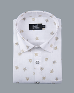 White Cotton Shirt with Small Golden Leaf Print Men's Shirt