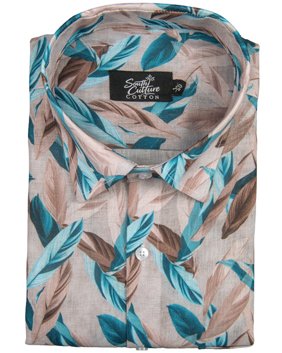 Italian Linen Multi Leaf Print Teal Blue Brown Mix