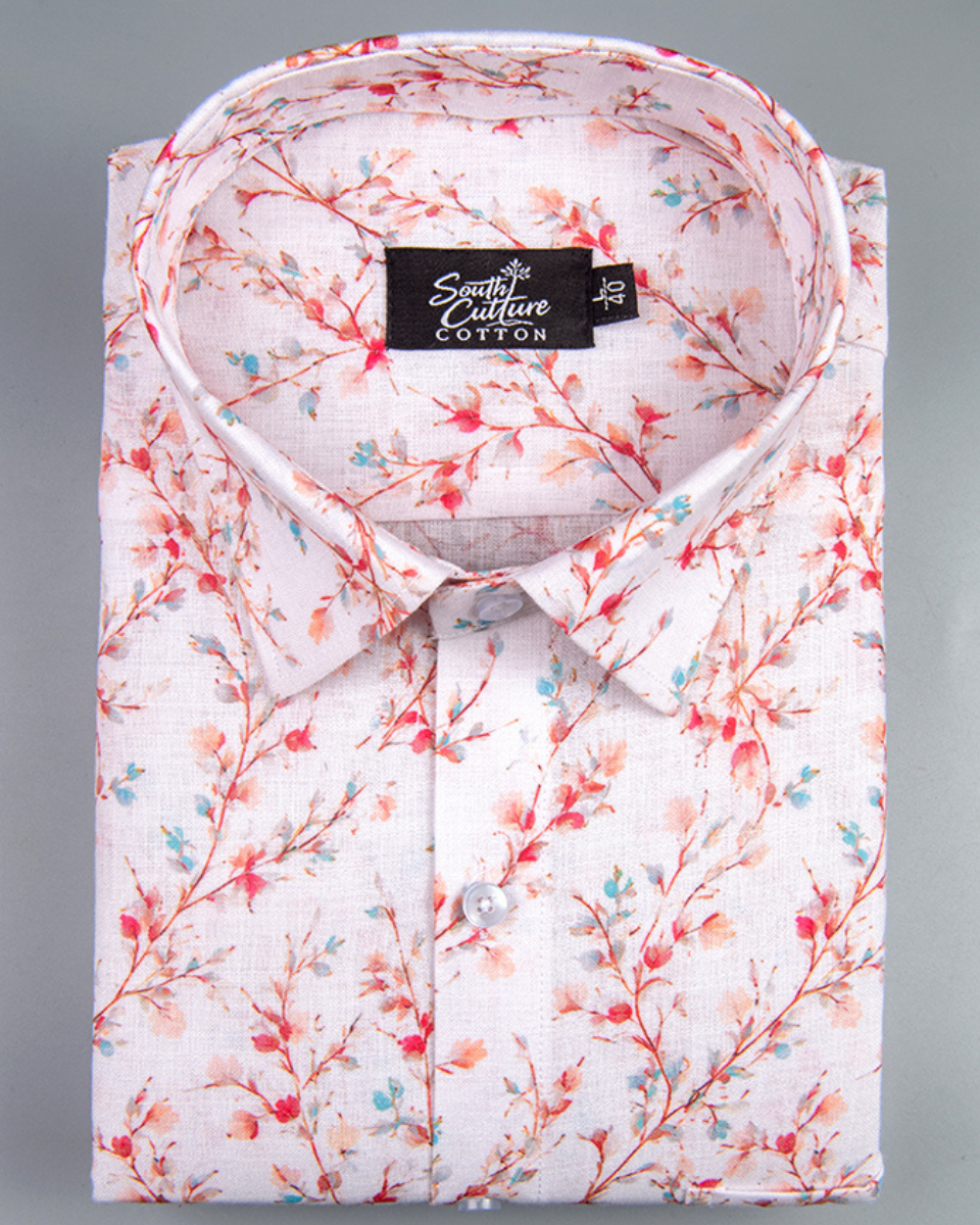 Italian Linen Pushpa Print Cream Pink Mix
