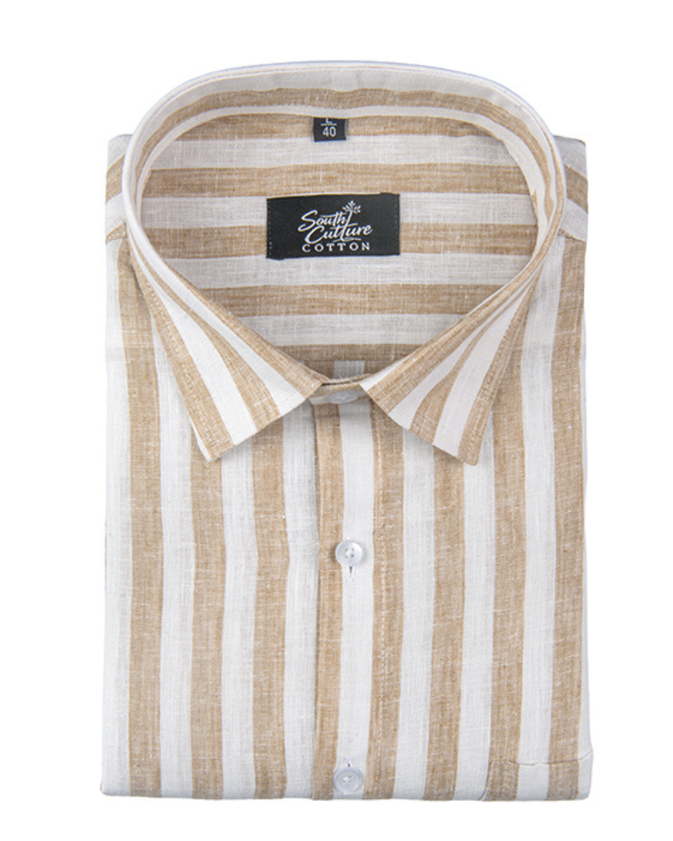 Linen White With Fawn Colour Patta Print Shirt For Men